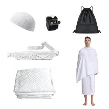 Imagem de Qianliniuinc Conjunto Ihram para homens Umrah - Toalha Ihram 100% algodão 110 x 210 cm, 2 peças, cinto Ihram ajustável, chapéu Kufi, Counter Clicker, bolsa com cordão - Essenciais Umrah completos para
