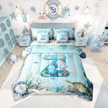 Imagem de Erosebridal Jogo de cama solteiro com estampa de axolote azul fofo, 7 peças, letra Axolotl, para crianças, meninos, meninas, personalizado, com lençol com lençol subaquático, oceano, animal