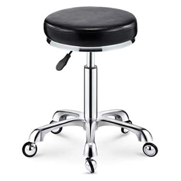 Imagem de Banqueta rotativa com rolamento de carga 440 Ib Banqueta redonda rolante, banco de trabalho de couro giratório ajustável com rodas silenciosas, bancos de salão preto