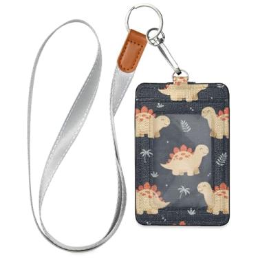 Imagem de Burbuja Porta-crachá de couro com cordão, etiqueta de identificação de dinossauros com 1 janela transparente para identidade e 2 compartimentos para cartão para escritório, enfermeira, professor