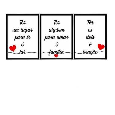Imagem de Kit 3 Quadros Lar, Família, Benção - Branco 33X24Cm Preta
