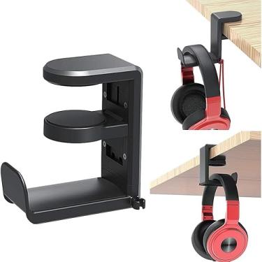 Imagem de Suporte de fone de ouvido otating – Suporte de fone de ouvido para jogos de PC, gancho ajustável sob a mesa com giro de 360 graus e organizador de clipe de cabo