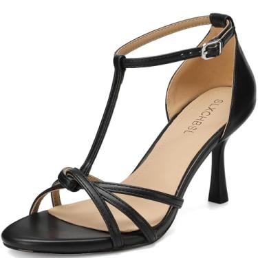 Imagem de SLXCHBSL Sandálias femininas de salto gatinho, tira em T, bico aberto, com tiras de 7,6 cm, salto alto para casamento, encontros, festa e escritório, sapatos confortáveis de verão, Preto, 37