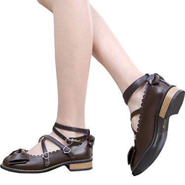 Imagem de Sapatos de princesa com tiras de laço e bico redondo e salto baixo grosso japonês Sweet Lolita, Marrom, 7.5