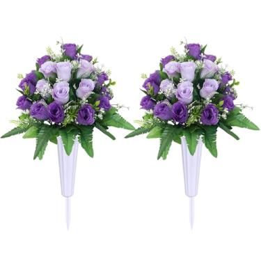 Imagem de Lodou Conjunto de 2 flores artificiais de cemitério, rosas para decoração de túmulos ao ar livre, flores de memorial de cemitério com vaso para decoração de lápide ao ar livre (roxo)
