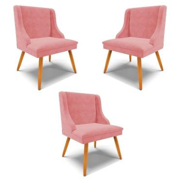 Imagem de Kit 3 Cadeiras Decorativas Sala De Jantar Pés Palito De Madeira Suede Rosê/natural