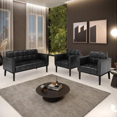 Imagem de Conjunto 2 Poltronas E 1 Namoradeira Decorativa Pés Fixo Em Madeira Pu Preto Brilho
