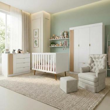 Imagem de Quarto de Bebê Completo 5 Peças em MDF com Berço Americano, Guarda Rou
