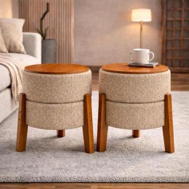 Imagem de Conjunto Puff Banqueta Soft Bouclé Redondo Pés Madeira Mesa de Apoio 2