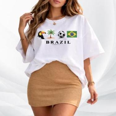 Imagem de Conjunto Feminino Brasil Oversized Camiseta 100 Algodão Saia Moletom Streetwear Copa Torcedora-Feminino