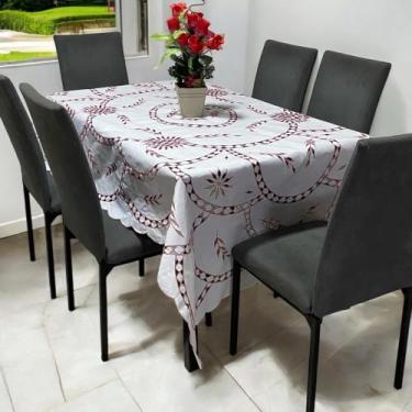 Imagem de Toalha Bordada Para Mesa de 6 Cadeiras Branco com Bordado Vermelho Nor
