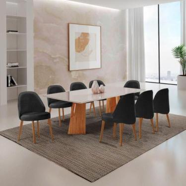 Imagem de Mesa Florida Tampo Laqueado Com Vidro E 8 Cadeiras Suiça Linho Preto/l