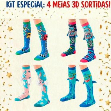 Imagem de Kit 4 Meias Maluca 3d Infantil Cano Alto Personagens 006 - Fashion Nee