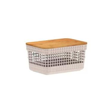 Imagem de Cesto Organizador Grid Com Tampa Em Bambu 2,5L Ou, Bege