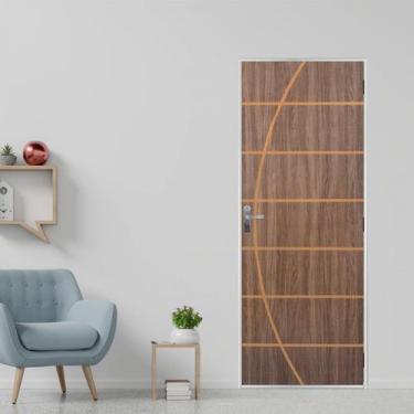 Imagem de Kit Porta de Madeira Decorada 215x85cm com Batente de Aço 06cm Neblina