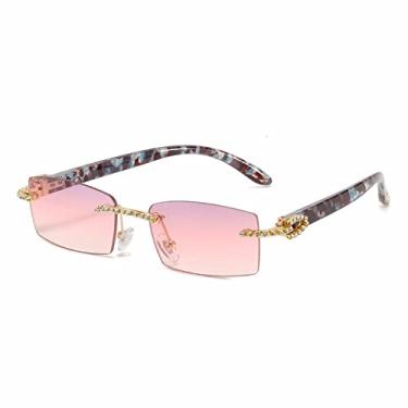 Imagem de Óculos de sol femininos pequenos sem aro diamantes quadrados femininos moda strass gradiente retângulo óculos de sol feminino uv400, rosa roxo, com bolsa e pano