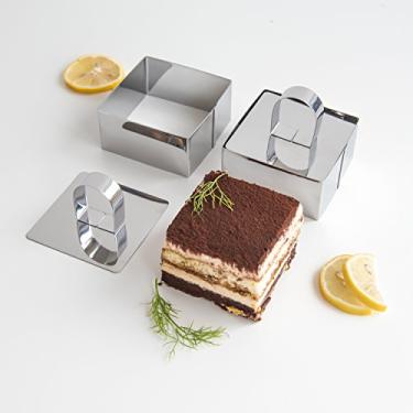 Imagem de Anéis de culinária em aço inoxidável profissional para torre de alimentos com formas arredondadas de pressão de alimentos (conjunto com 2), Quadrado, Polish Silver, Square