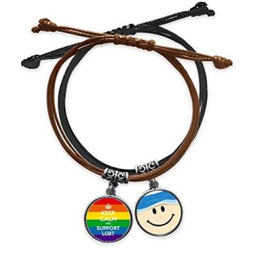 Imagem de DIYthinker Pulseira LGBT com bandeira bissexual, arco-íris, transgênero, pulseira de couro, pulseira de rosto sorridente