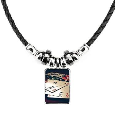 Imagem de DIYthinker Colar com fichas de pôquer para jogos de fotos, joias, torque, pingente de corda de couro