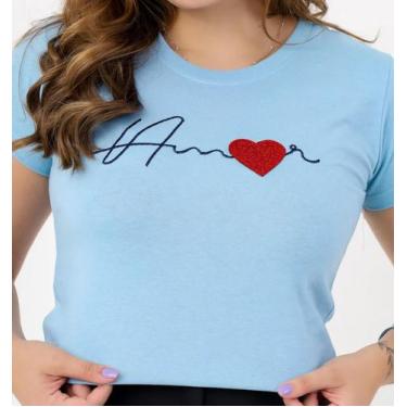 Imagem de Camiseta Feminina Amor Coração Bordado - Azul Bebe - Adu Butique