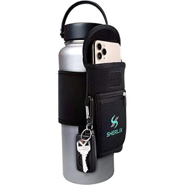 Imagem de SHERLIX Bolsa de garrafa de água para academia, manga de neoprene à prova d'água com bolsos de acessórios para celular, Airpods, cartões, mosquetão para chaveiro, suporte de garrafa para treino,