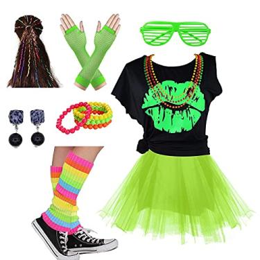 Imagem de Conjunto de acessórios para fantasia infantil com saia tutu arco-íris dos anos 80 I Love (14-16, verde)