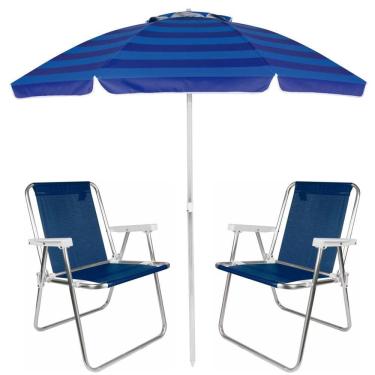 Imagem de Kit Guarda Sol Articulado 2m 2 Cadeira Alta Sannet Alumínio Praia Piscina Azul - Mor