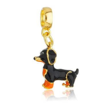 Imagem de Pingente Berloque Cachorro Salsicha Dachshund Para Pandora Banhado a Ouro 18k
