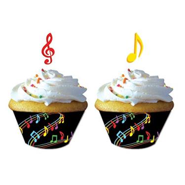 Imagem de Embalagens de cupcake com notas musicais dançantes, com palitos