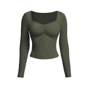 Imagem de COZYEASE Camiseta feminina plus size decote coração manga longa acabamento renda franzido malha camiseta, Verde militar, GG Plus Size