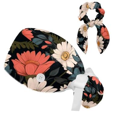 Imagem de Boné floral floral buffant para mulheres cabelo longo, boné cirúrgico com laço, chapéu de trabalho faixa de suor de algodão, Multicolorido 3, Small-XX-Large