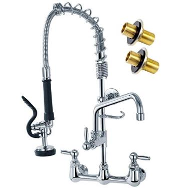 Imagem de AGAHPAY Torneira de pia comercial com pulverizador, suporte de parede, bico giratório de 30 cm, centro ajustável 8, 6 cm de altura para pia de compartimento de restaurante, industrial, cromada