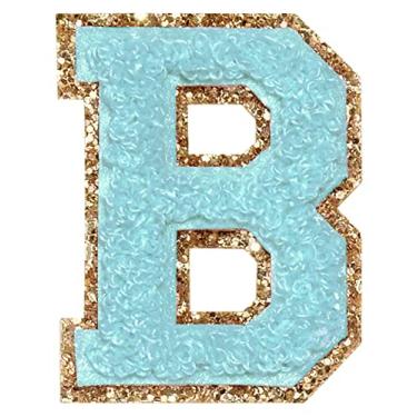 Imagem de 3 Pçs Chenille Letter Patches Ferro em Patches Glitter Varsity Letter Patches Bordado Bordado Borda Dourada Costurar em Patches para Vestuário Chapéu Camisa Bolsa (Azul, B)
