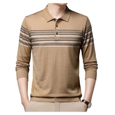 Imagem de Camisa polo masculina, cintura elástica, estampa listrada, gola aberta, meio pulôver com botões frontais, Cáqui, G