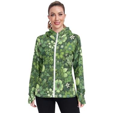 Imagem de JUNZAN Moletom feminino com zíper floral verde abstrato FPS 50+ secagem rápida camisetas academia pessoas moletom P, Flor verde abstrata, GG