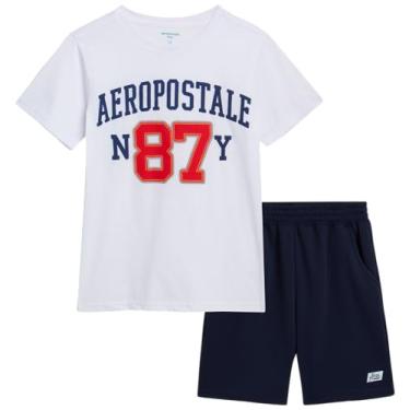 Imagem de AEROPOSTALE Conjunto de shorts para meninos - camiseta de manga curta de 2 peças e shorts de moletom de lã - Roupa de verão para meninos (4-12), Branco/Azul marinho, 7