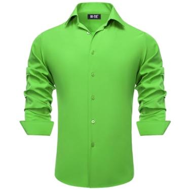 Imagem de Hi-Tie Camisa social masculina elástica em 4 direções, sem rugas, manga comprida, casual, abotoada, Verde maçã, M