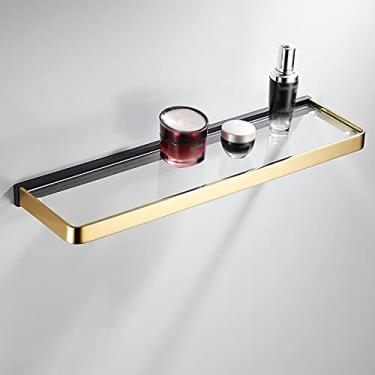 Imagem de ANNBKA Prateleiras de chuveiro montadas na parede, suporte de armazenamento de vidro para banheiro, suporte organizador de cosméticos de parede dourado preto, suporte de armazenamento de chuveiro de