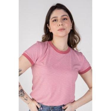 Imagem de Camiseta Feminina Ringer Listrada Rosa / Branco-Feminino