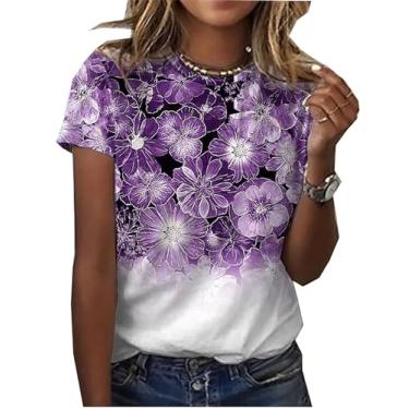 Imagem de Camiseta feminina floral com estampa de flores silvestres para amantes de plantas, manga curta, casual, básica, Roxa, G