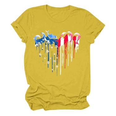 Imagem de Camiseta feminina com bandeira americana Dia da Independência Patriótica 4th of July Heart Graphic Tees Shirts Star Stripe Tops, Amarelo, G