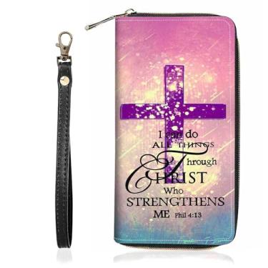 Imagem de BWOOLL Live Laugh Love Carteira feminina com estampa de citação inspiradora, carteira de grande capacidade, porta-cartão de crédito, couro PU, bolsa clutch com zíper, Cruz Cristã Versículo da Bíblia