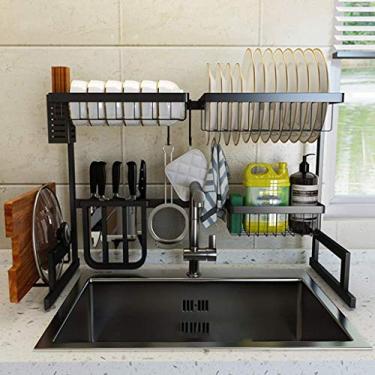 Imagem de Escorredor de louça, talheres, escorredor de pratos de aço inoxidável, pratos secos, prateleiras de cozinha, rack de armazenamento de bancada, prateleira de ralo de pia preta, suporte de talheres para