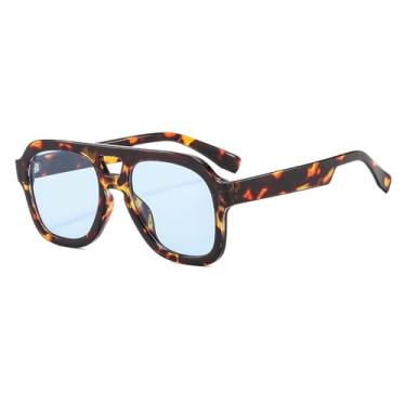 Imagem de Long Keeper Óculos de sol retrô piloto, ponte dupla, mulheres, homens, aviação, quadrados, armação grossa, óculos de sol vintage dos anos 70, UV400, Armação leopardo/lente azul