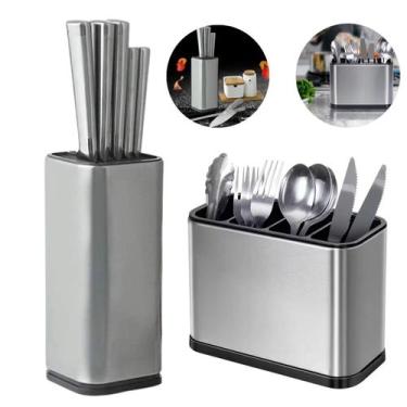 Imagem de Kit Cepo Suporte de Facas e Escorredor Porta Talheres Inox - Losanshop