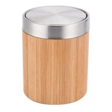Imagem de Lixeira Redonda Basculante 2,6l Bamboo E Inox - Sensea, Marrom-claro