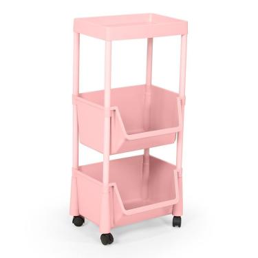 Imagem de Carrinho Multiuso Prático 3 Prateleiras Em Plástico Com Rodízio - Rosa