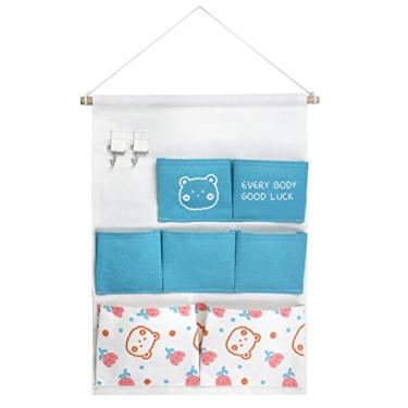 Imagem de KINGREE Bolsa de armazenamento suspensa com 7 bolsos e 2 pothook, organizador de porta de parede à prova d'água para armário de banheiro do quarto (urso azul)