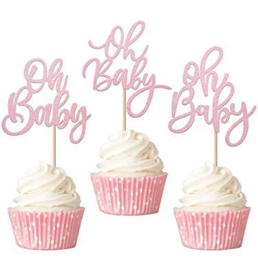 Imagem de Rsstarxi 24 Pack Oh Baby Cupcake Toppers Pink Glitter Baby Shower Gender Reveal Cupcake Picks for Boy or Girl Theme Baby Shower Kids Birthday Party Cake Decorations