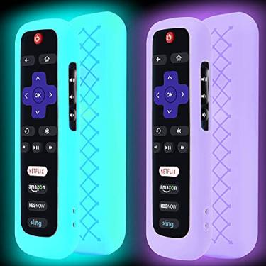 Imagem de Pacote com 2 capas de bateria para controle remoto TCL Roku Smart TV Steaming Stick, controle protetor de silicone, capa universal que brilha no escuro azul escuro roxo